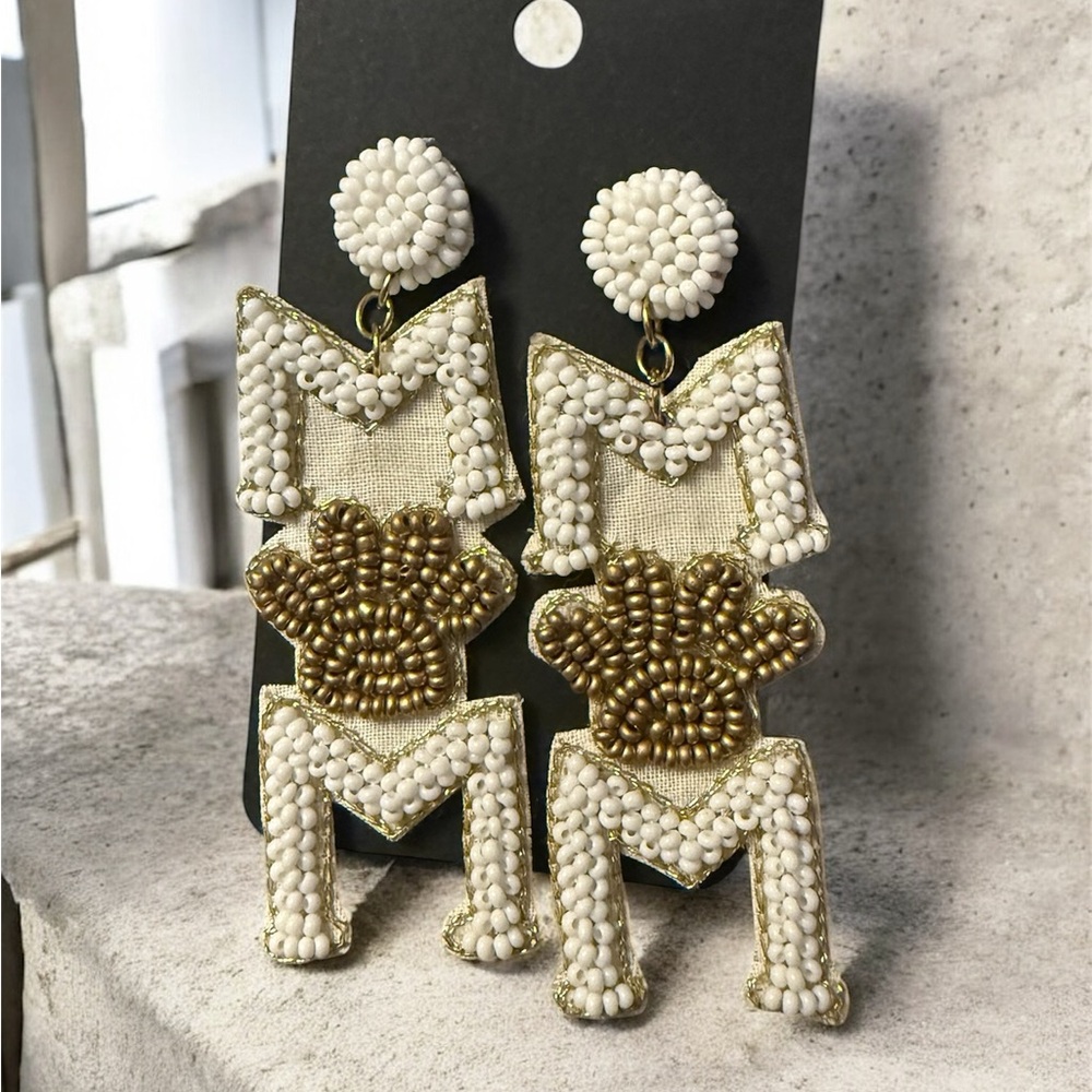 Elegant White and Gold Beaded MOM Earrings